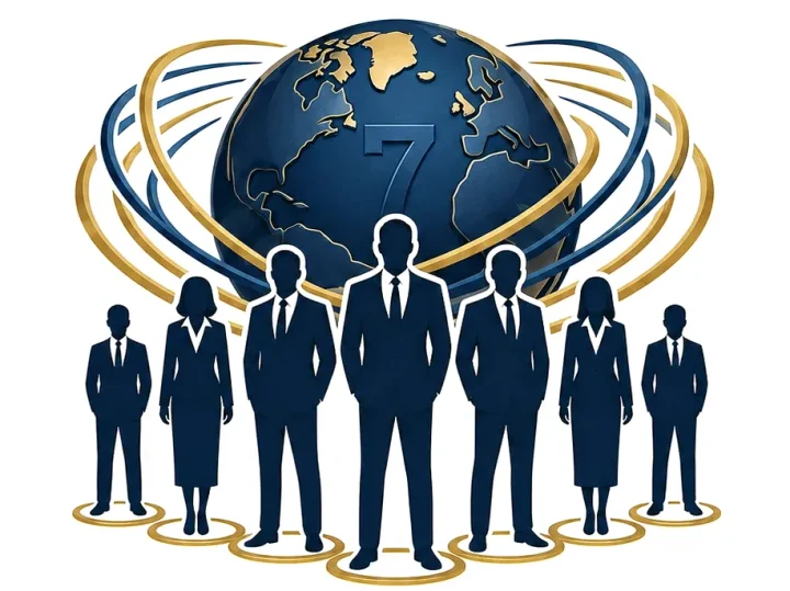 The ProLabs-7 emblem: a navy and gold globe circled by orbital rings, above seven figures standing together.